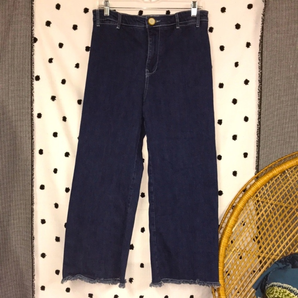 New Anthropologie Pilcro Ultra High Rise Wide Leg Cropped Raw Hem Dark Jeans 29 - Picture 7 of 12